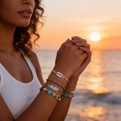 European and American Bohemian vacation bracelet set women's summer beach wind dopamine shell eyes rice bead bracelet women
