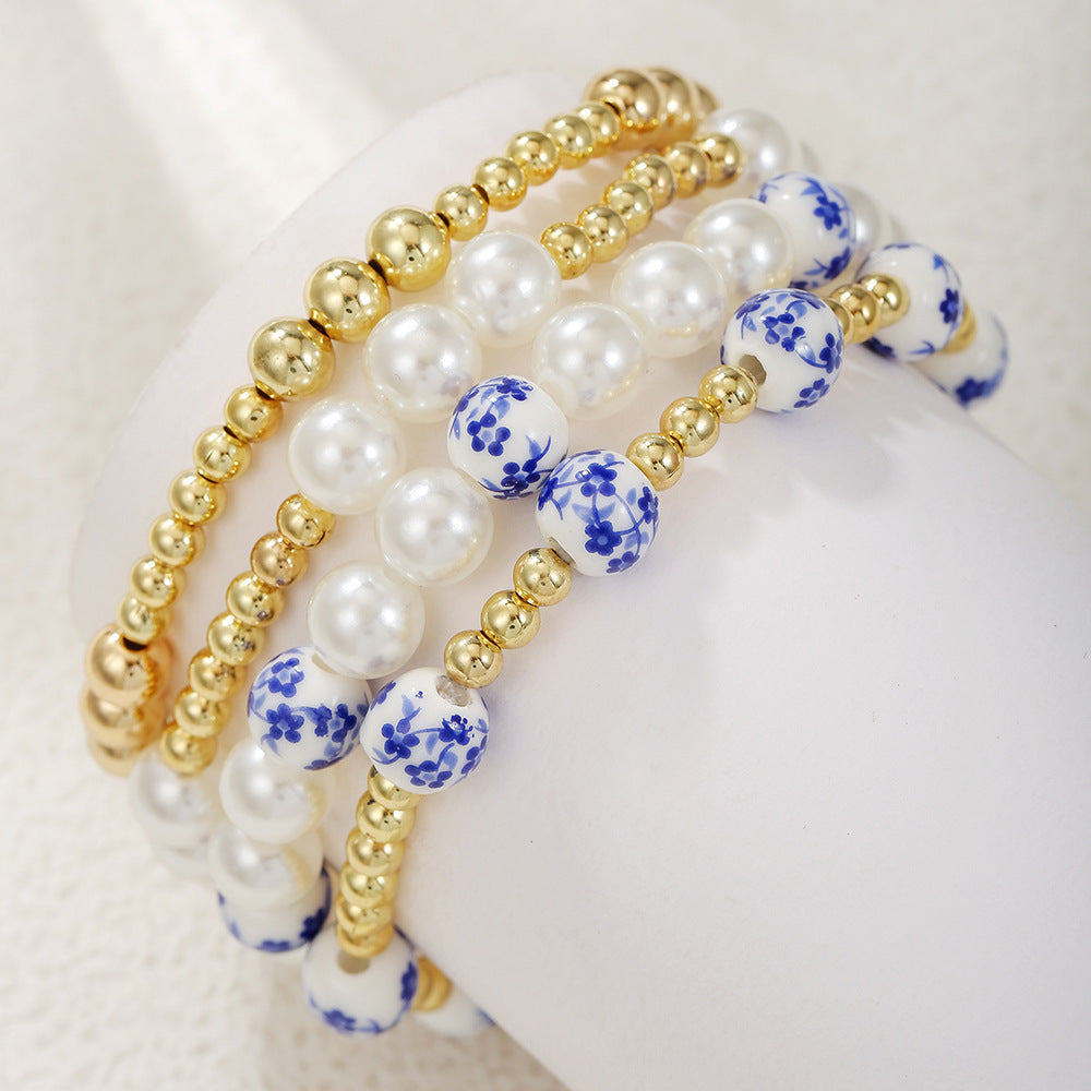 Chinese style blue and white ceramic imitation pearl CCB beaded cross-border Internet celebrity style multi-layer stacked elastic bracelet bracelet women