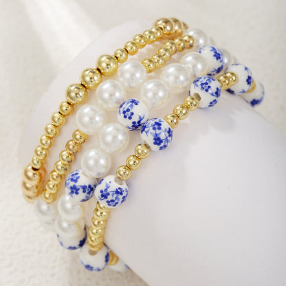 Chinese style blue and white ceramic imitation pearl CCB beaded cross-border Internet celebrity style multi-layer stacked elastic bracelet bracelet women