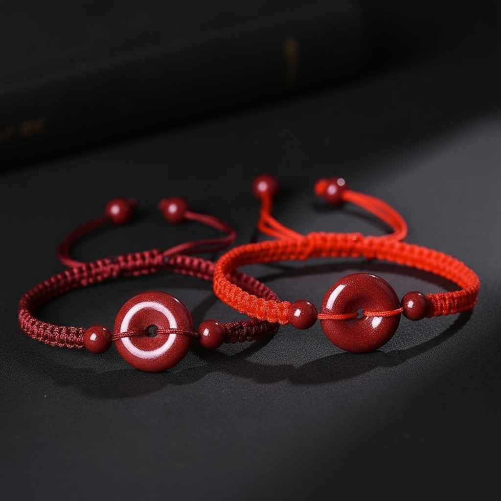 Cinnabar Red String Peace Buckle Bracelet - Dark Background